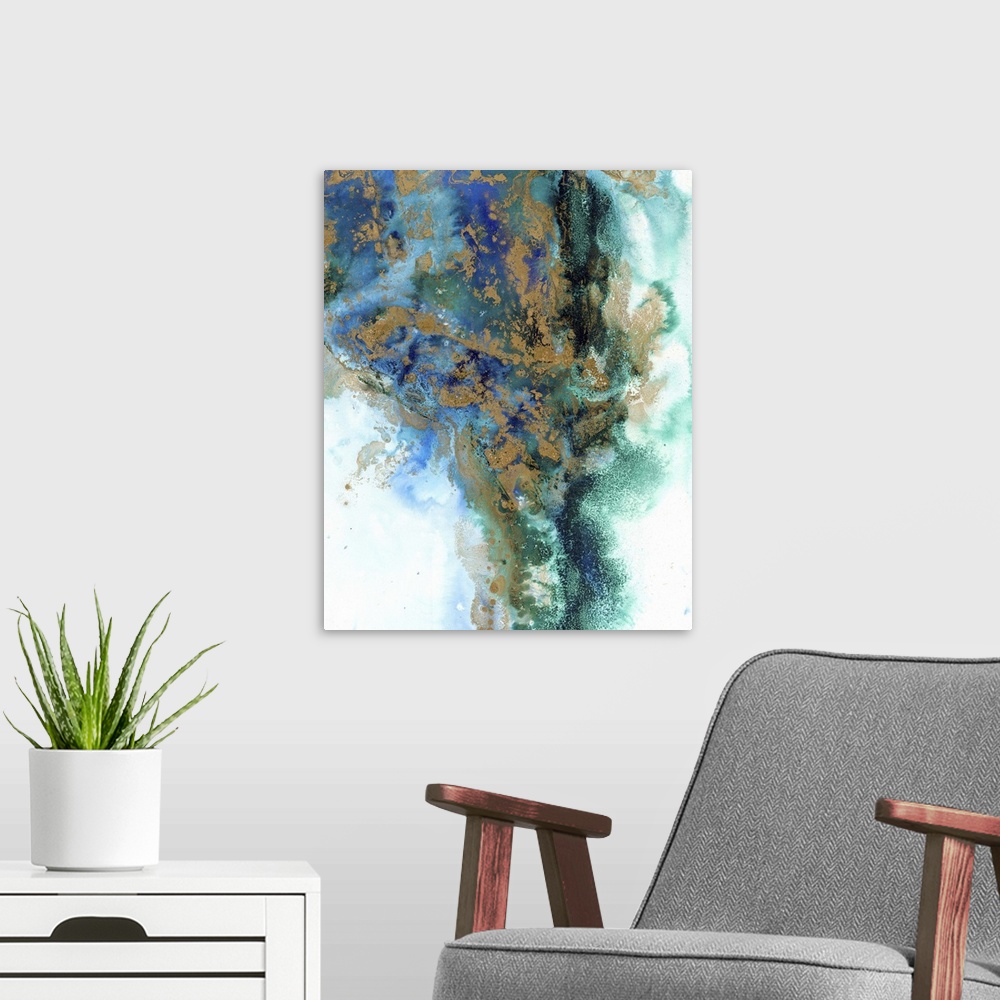 A modern room featuring Contemporary painting in blue and green with golden splatters.