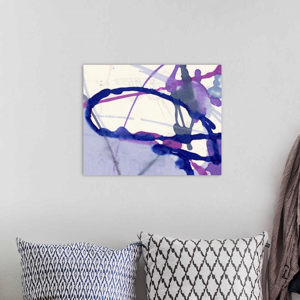 A bohemian room featuring A contemporary abstract painting of purple, pink and lavender color paint thrown and splattered o...