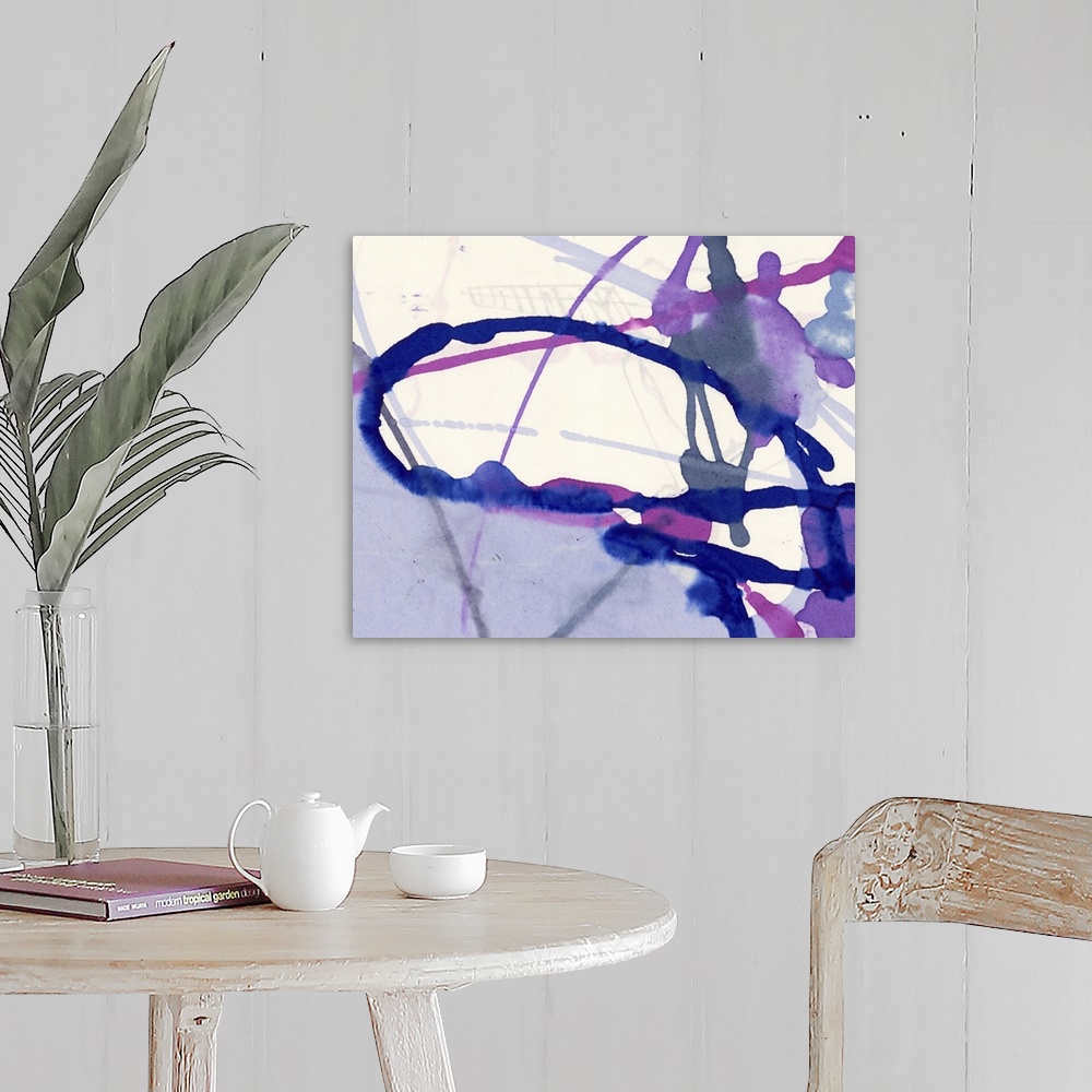 A farmhouse room featuring A contemporary abstract painting of purple, pink and lavender color paint thrown and splattered o...