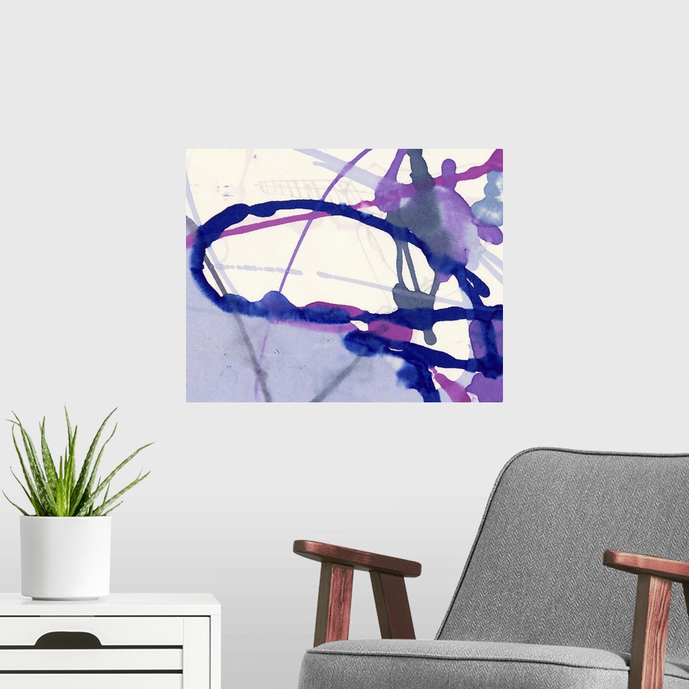 A modern room featuring A contemporary abstract painting of purple, pink and lavender color paint thrown and splattered o...