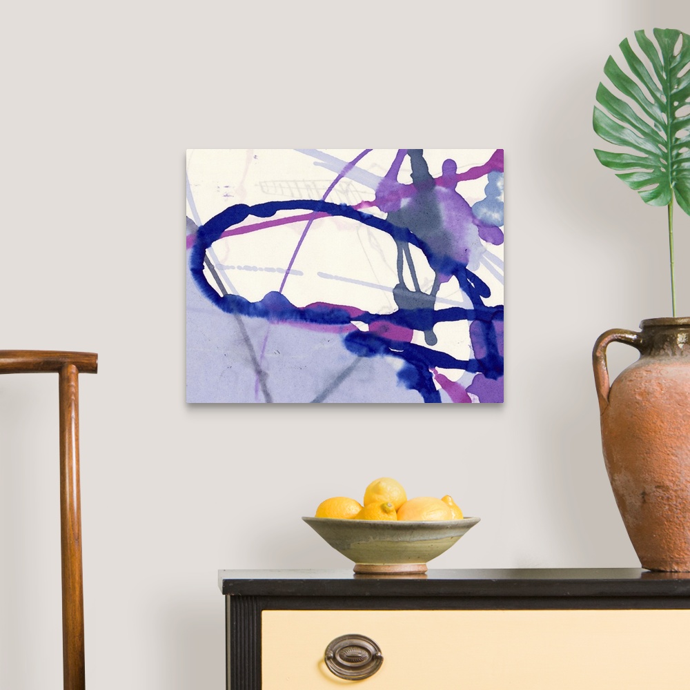 A traditional room featuring A contemporary abstract painting of purple, pink and lavender color paint thrown and splattered o...
