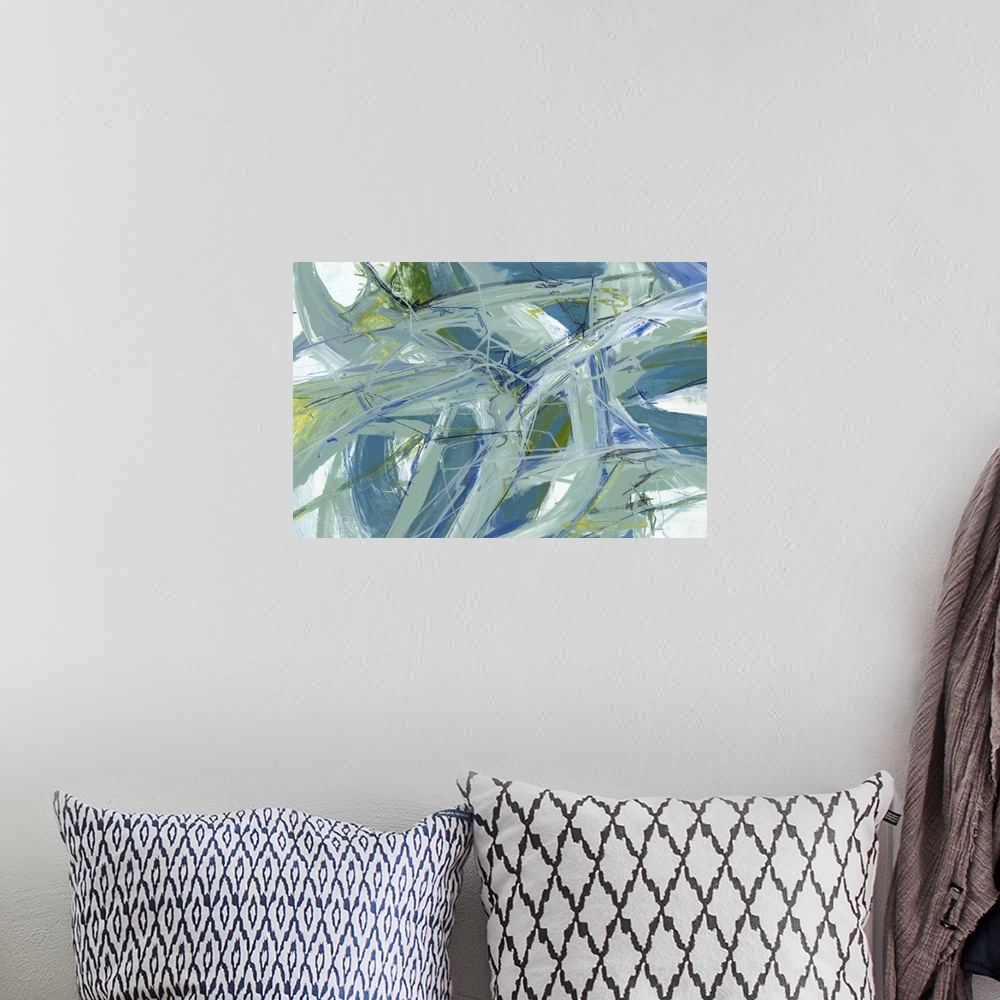 A bohemian room featuring A contemporary abstract painting using tones of green and blue in a fluid dynamic movements creat...