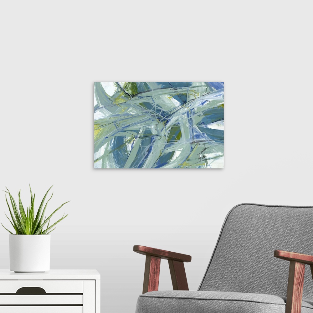 A modern room featuring A contemporary abstract painting using tones of green and blue in a fluid dynamic movements creat...
