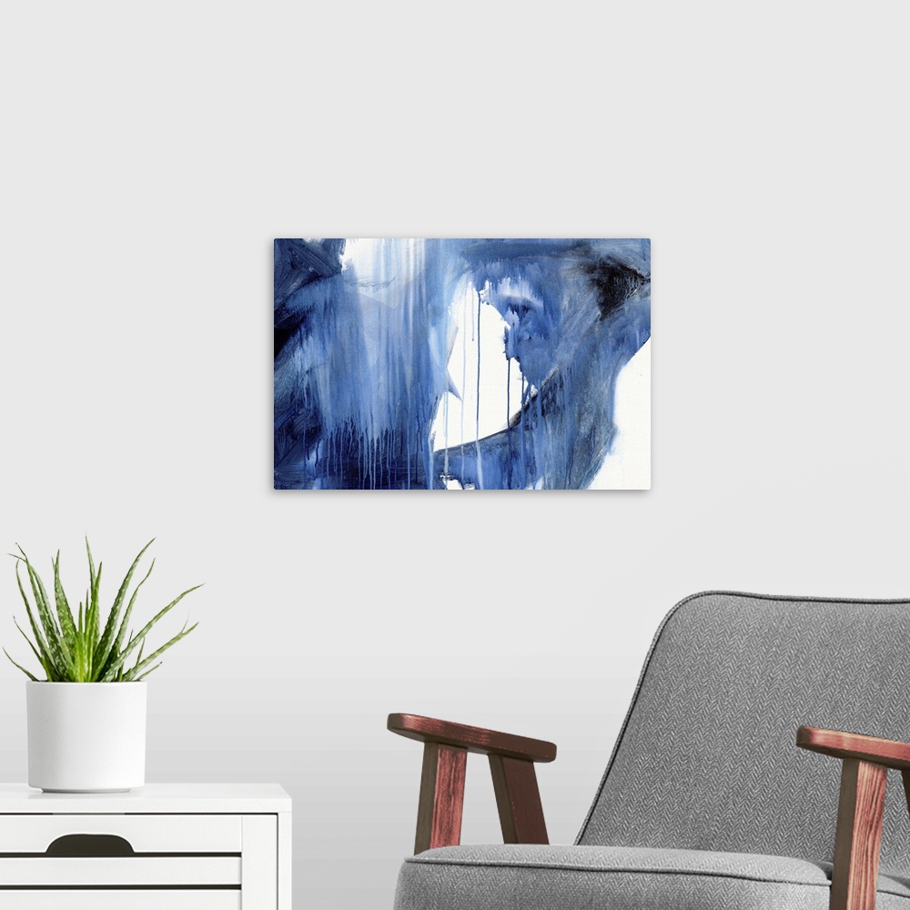 A modern room featuring Contemporary artwork in shades of blue over white with a dripping paint appearance.