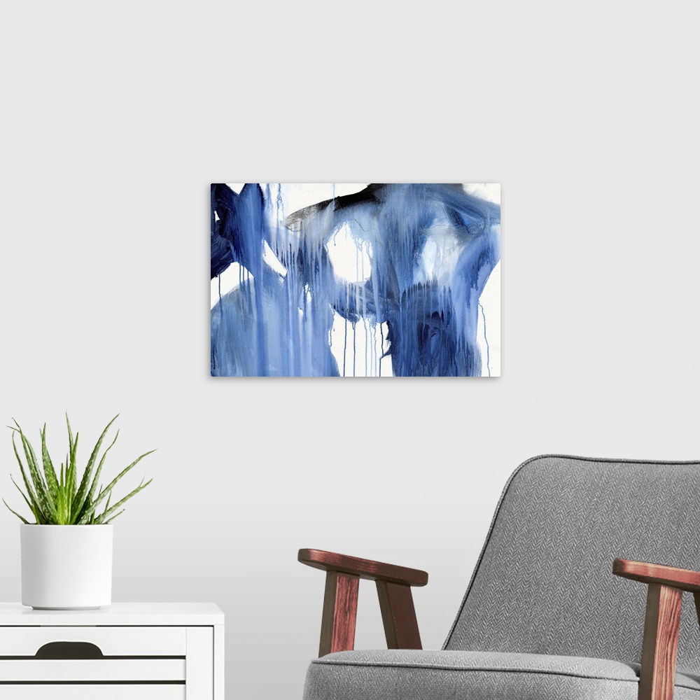 A modern room featuring Contemporary artwork in shades of blue over white with a dripping paint appearance.