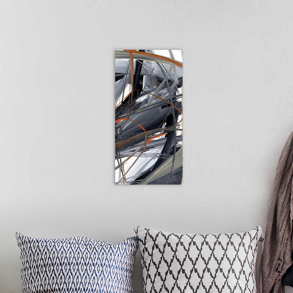 A bohemian room featuring Contemporary abstract artwork of wild strokes of paint in grey and orange.