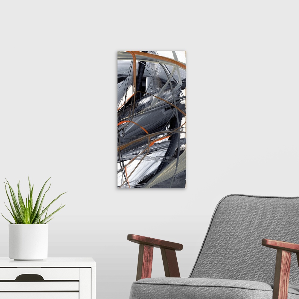 A modern room featuring Contemporary abstract artwork of wild strokes of paint in grey and orange.