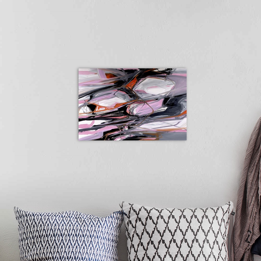 A bohemian room featuring Contemporary abstract painting in contrasting shades of pink, orange, and black.