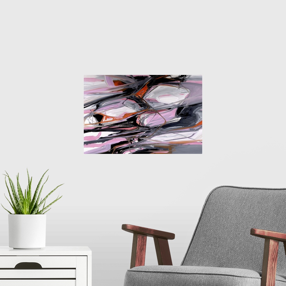 A modern room featuring Contemporary abstract painting in contrasting shades of pink, orange, and black.