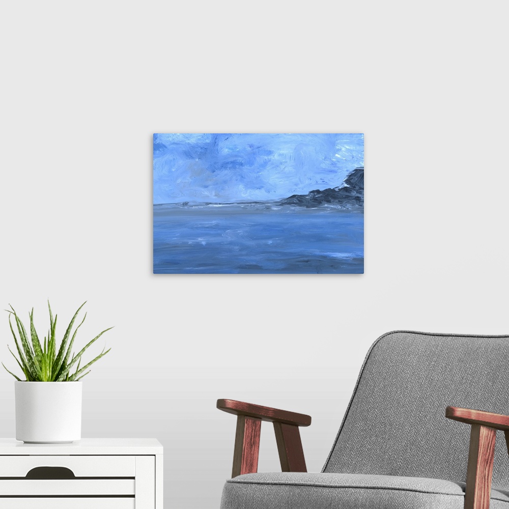A modern room featuring Contemporary seascape painting of a rocky coast stretching into the ocean under a blue sky.