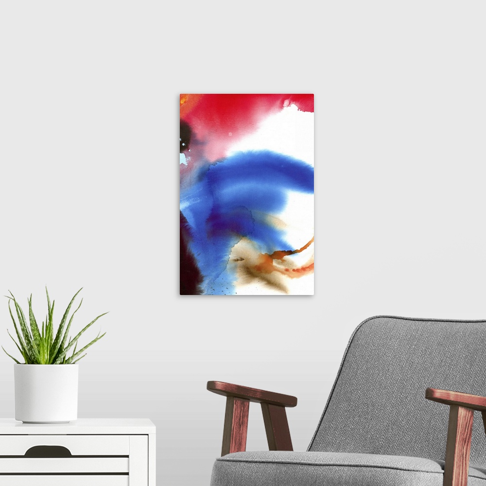 A modern room featuring Contemporary abstract painting of soft washes of bright red and blue.