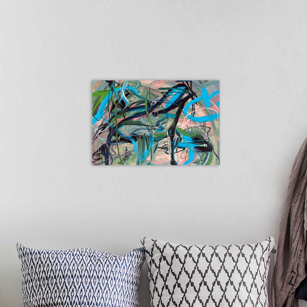 A bohemian room featuring Busy abstract painting with black, blue, white, pink, and green lines on top moving in all direct...