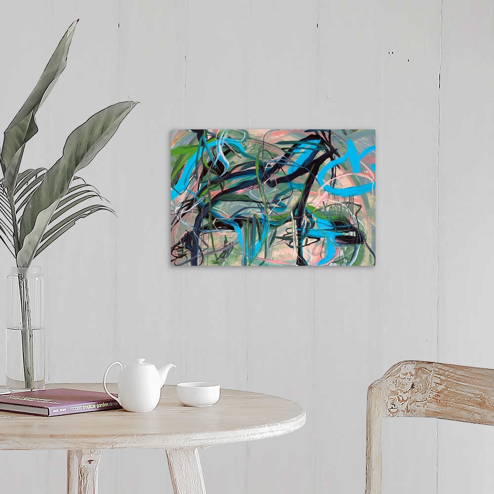 A farmhouse room featuring Busy abstract painting with black, blue, white, pink, and green lines on top moving in all direct...