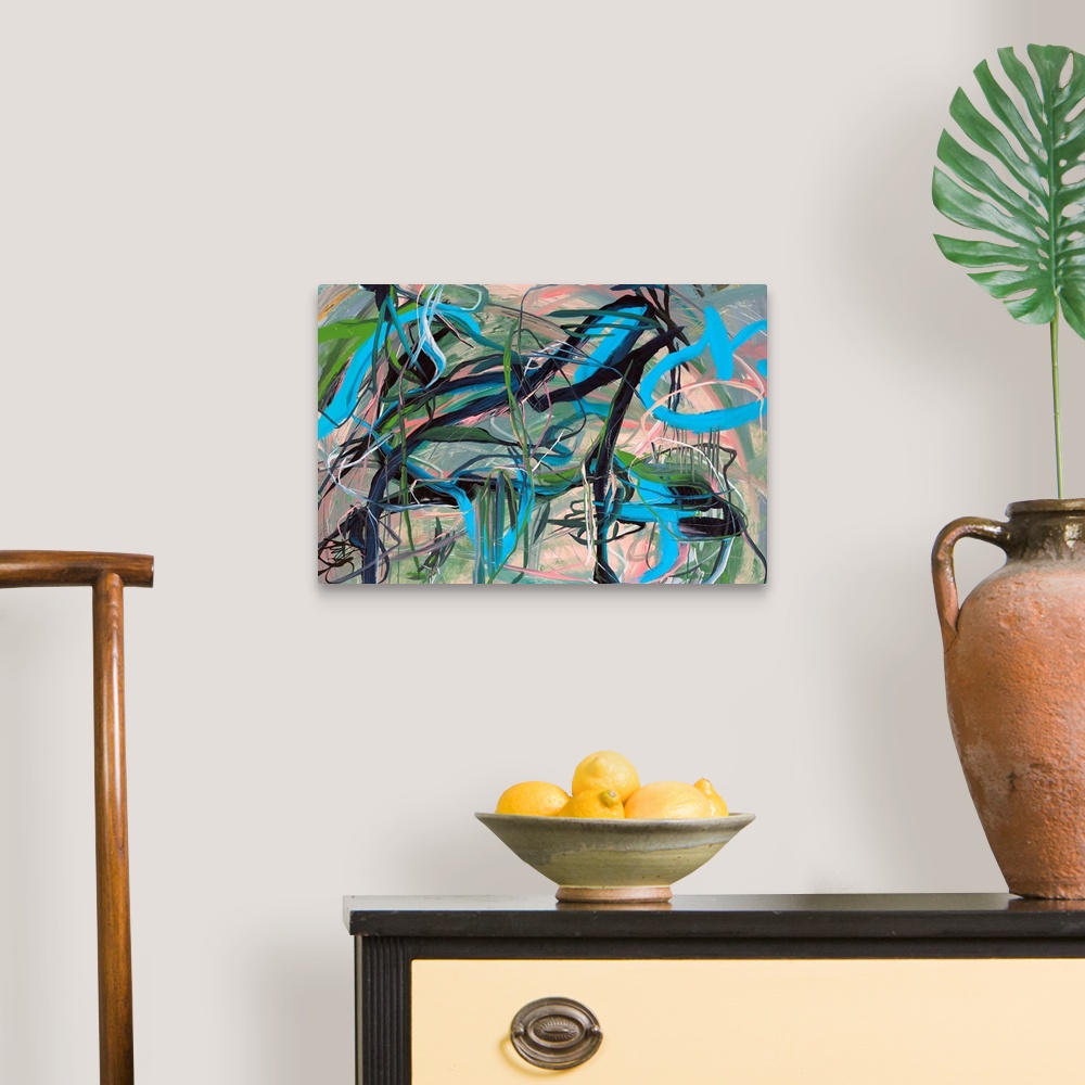 A traditional room featuring Busy abstract painting with black, blue, white, pink, and green lines on top moving in all direct...