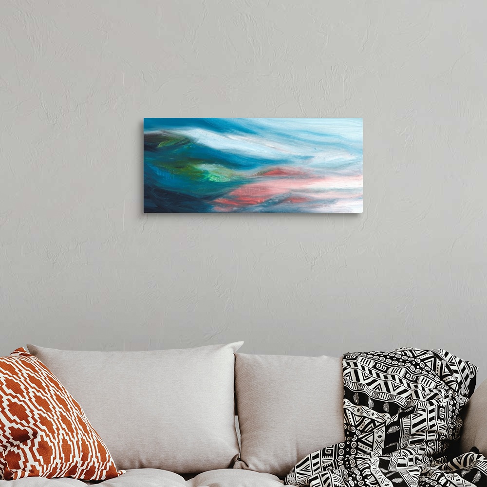 A bohemian room featuring Large horizontal abstract painting with movement flowing from left to right with fading colors in...