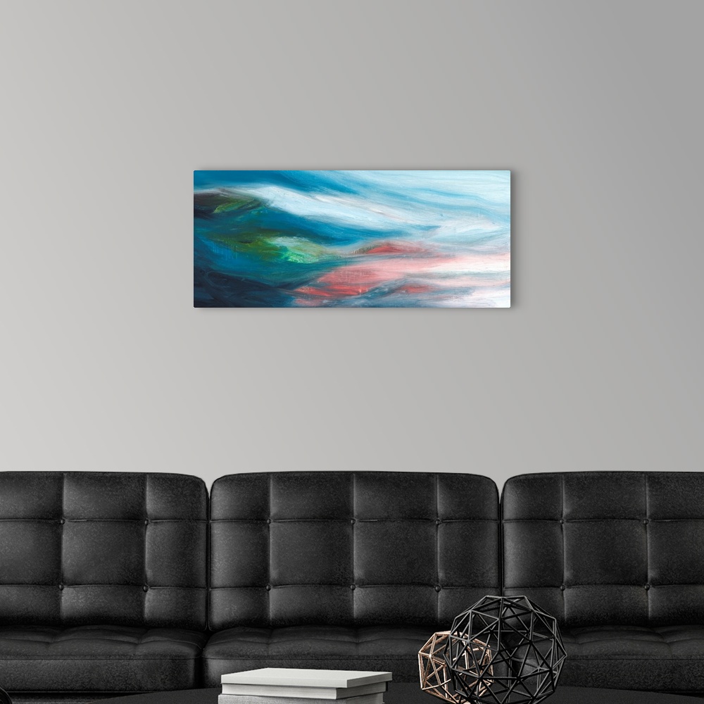 A modern room featuring Large horizontal abstract painting with movement flowing from left to right with fading colors in...
