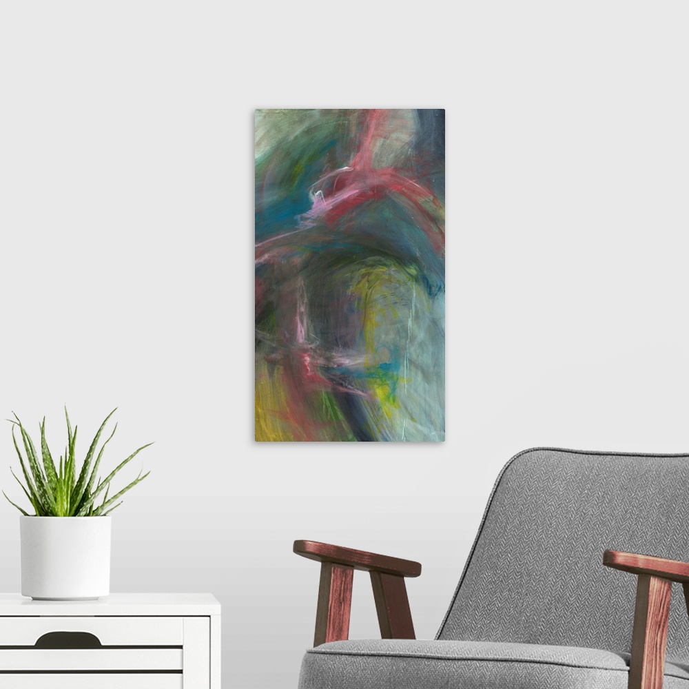 A modern room featuring Large abstract art with dark and muted hues in shades of pink, yellow, blue, and green.