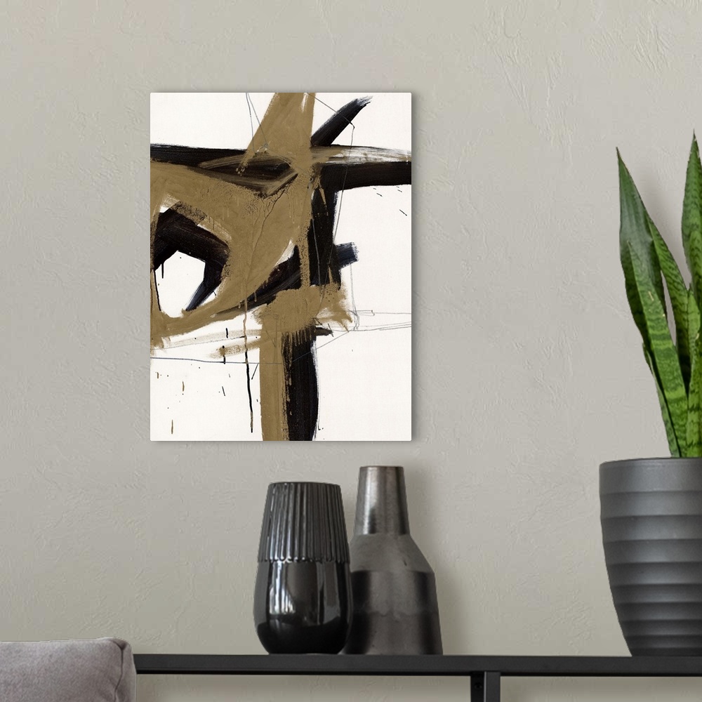 A modern room featuring A contemporary abstract painting using brown and black as mirrored colors against an off-white ba...