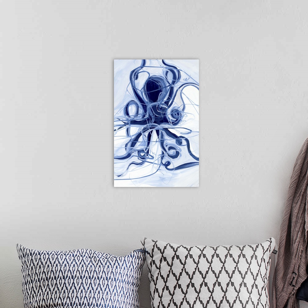 A bohemian room featuring A contemporary abstract painting of a blue octopus with swirling tentacles and other swirling lin...
