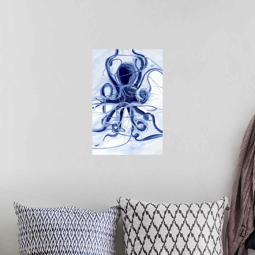 A bohemian room featuring A contemporary abstract painting of a blue octopus with swirling tentacles and other swirling lin...