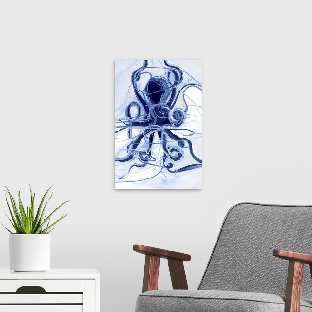 A modern room featuring A contemporary abstract painting of a blue octopus with swirling tentacles and other swirling lin...