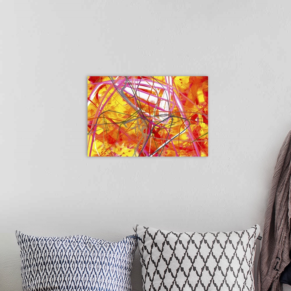 A bohemian room featuring Contemporary abstract painting with wild lines of black and pink over vivid red and yellow tones.