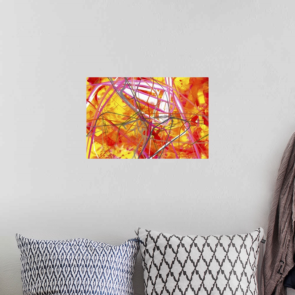 A bohemian room featuring Contemporary abstract painting with wild lines of black and pink over vivid red and yellow tones.
