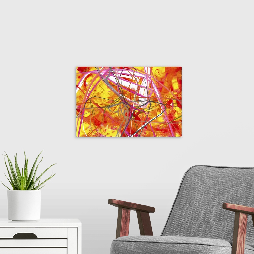 A modern room featuring Contemporary abstract painting with wild lines of black and pink over vivid red and yellow tones.