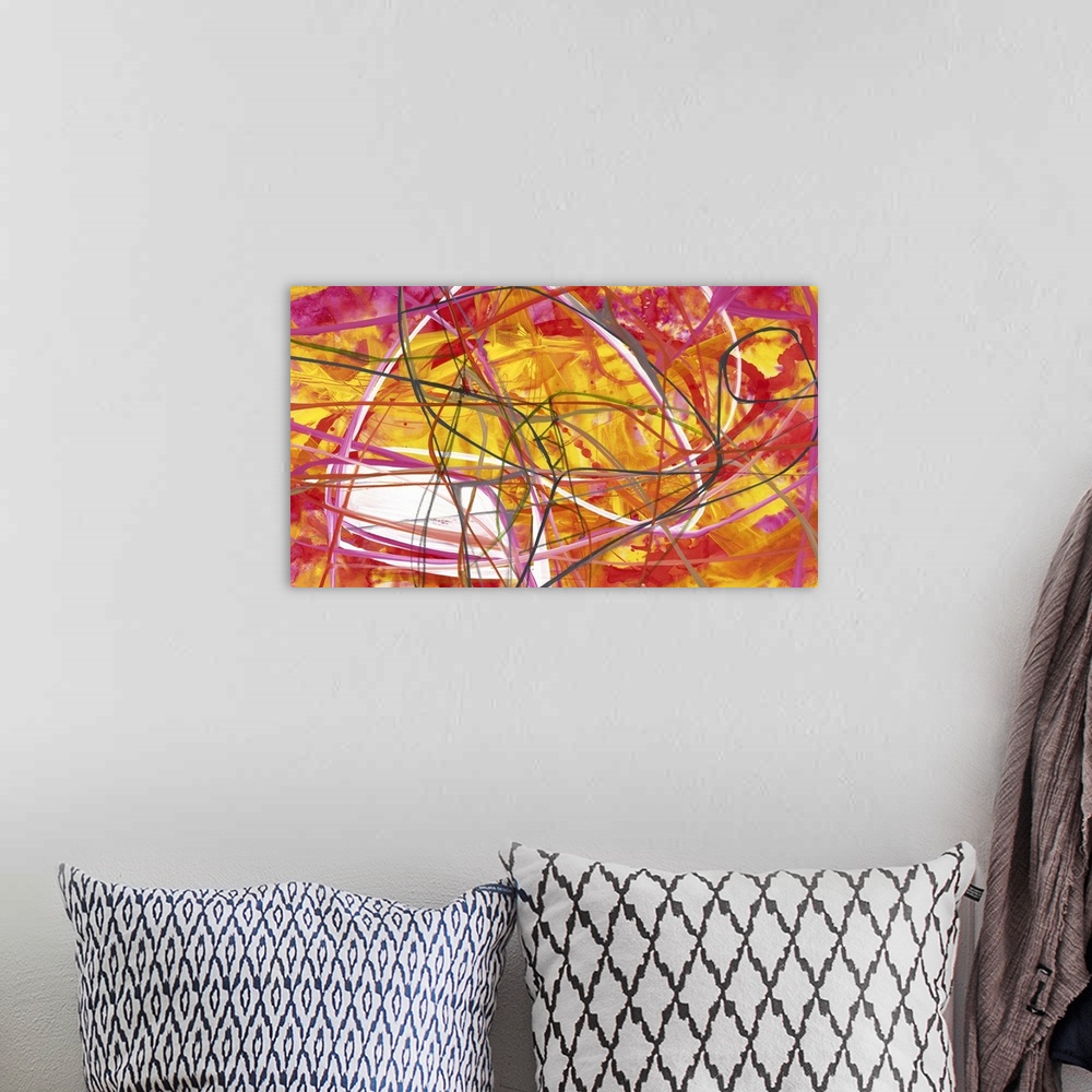 A bohemian room featuring A contemporary abstract painting of warm tones tangled together in a web of thin strokes against ...