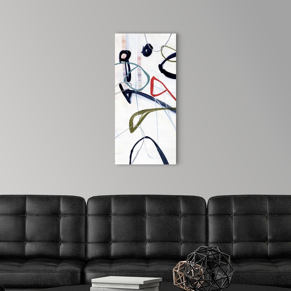 A modern room featuring A contemporary abstract painting of colorful bold lines hovering in an off-white space.