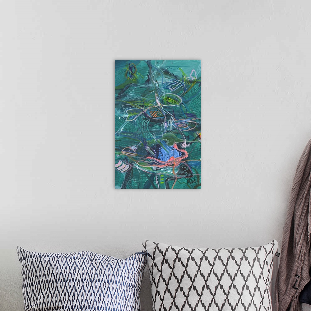 A bohemian room featuring Large abstract painting with wide teal brushstrokes in the background and small colorful lines on...