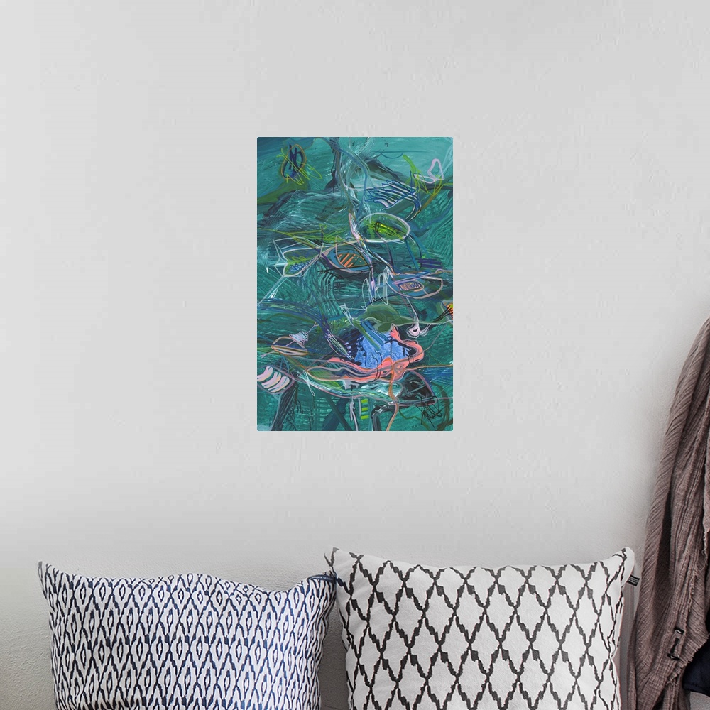 A bohemian room featuring Large abstract painting with wide teal brushstrokes in the background and small colorful lines on...