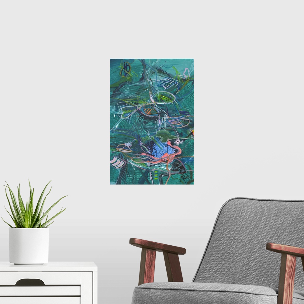 A modern room featuring Large abstract painting with wide teal brushstrokes in the background and small colorful lines on...