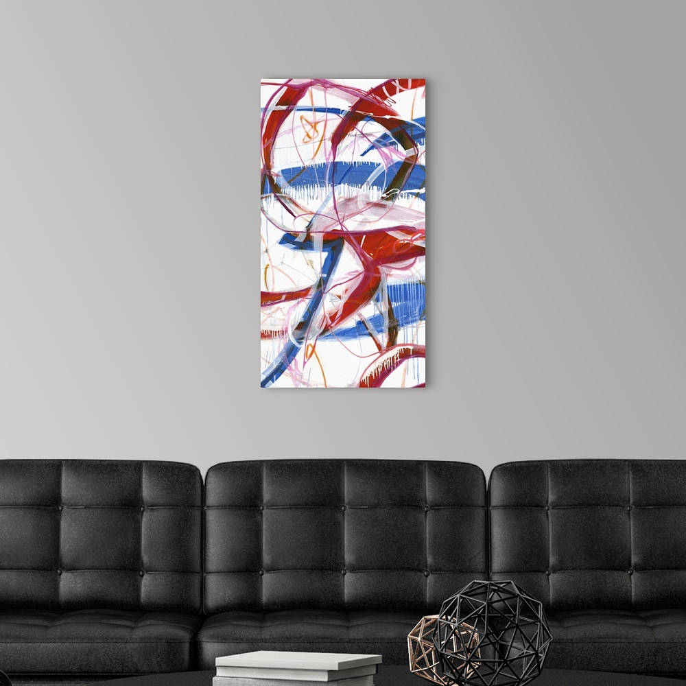 A modern room featuring Large abstract painting with red, blue, pink, orange, black, and white lines varying in size and ...