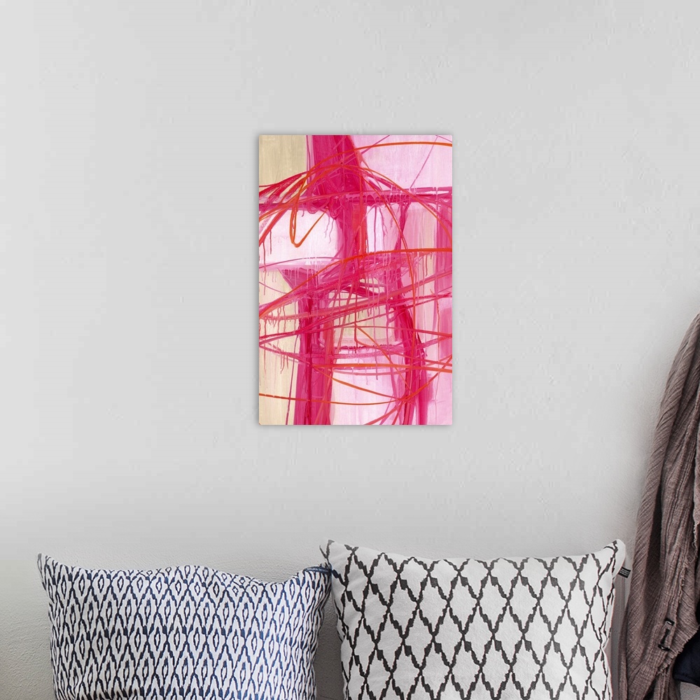 A bohemian room featuring Contemporary abstract artwork in pink shades with broad strokes of paint with a dripping appearance.