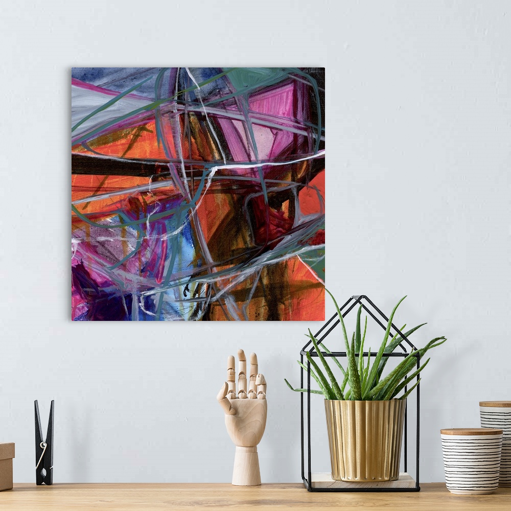 A bohemian room featuring A contemporary abstract painting of a multi-colored background of vibrant colors with a bold blac...