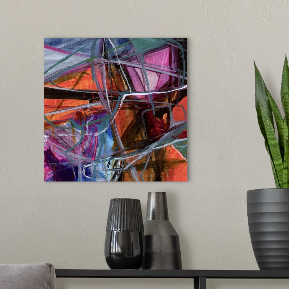 A modern room featuring A contemporary abstract painting of a multi-colored background of vibrant colors with a bold blac...