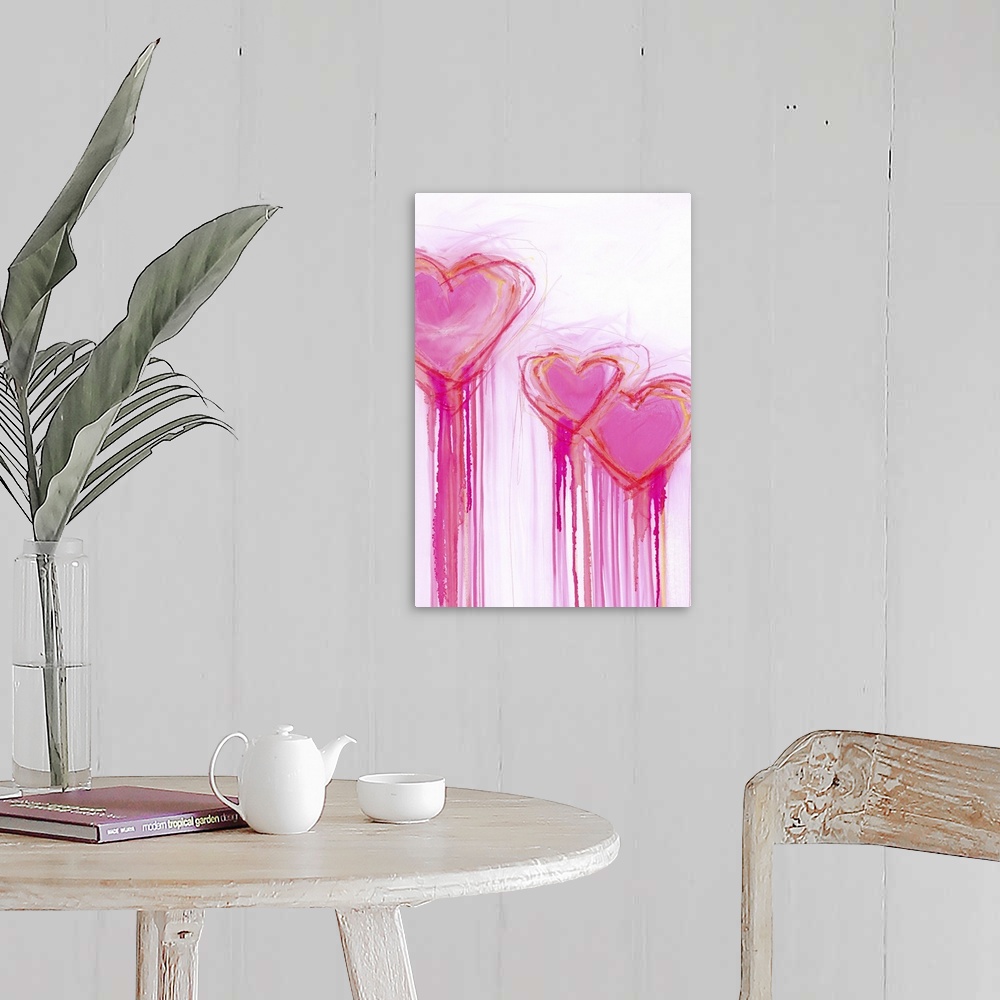 A farmhouse room featuring Contemporary painting of three bright pink heart shapes with long streaks of dripping paint.