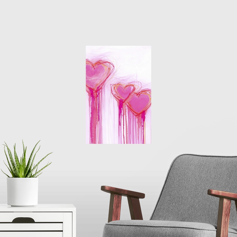 A modern room featuring Contemporary painting of three bright pink heart shapes with long streaks of dripping paint.