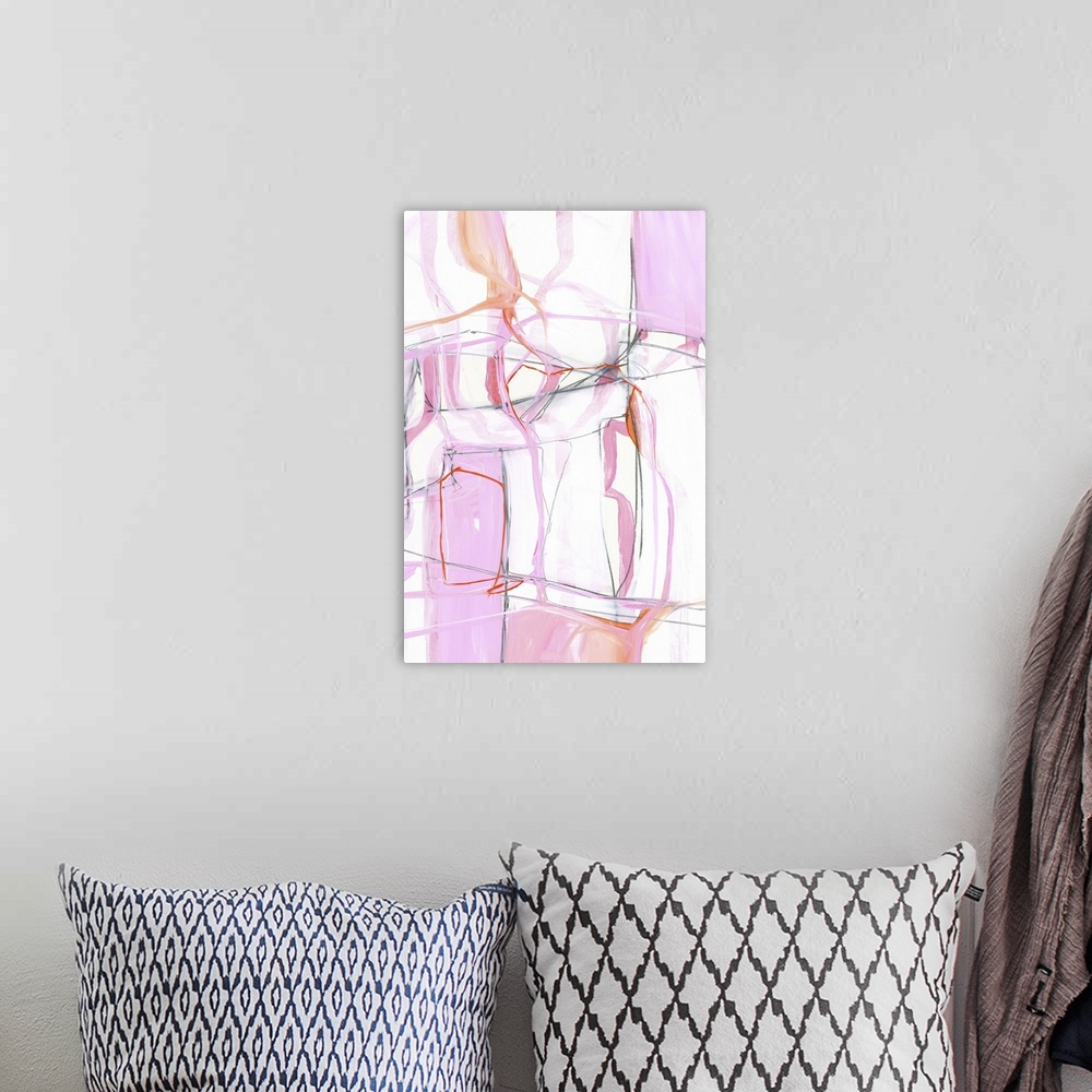 A bohemian room featuring Contemporary abstract artwork in pastel shades of pink and white.