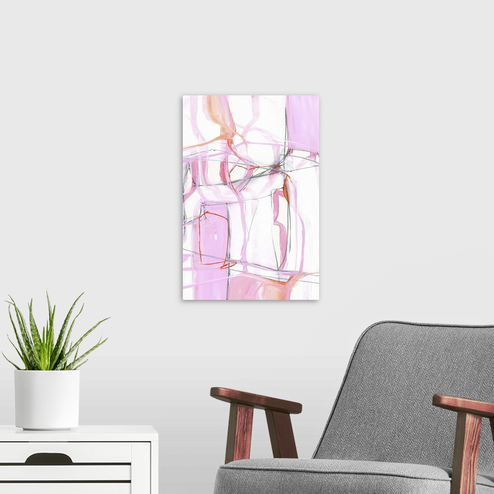A modern room featuring Contemporary abstract artwork in pastel shades of pink and white.