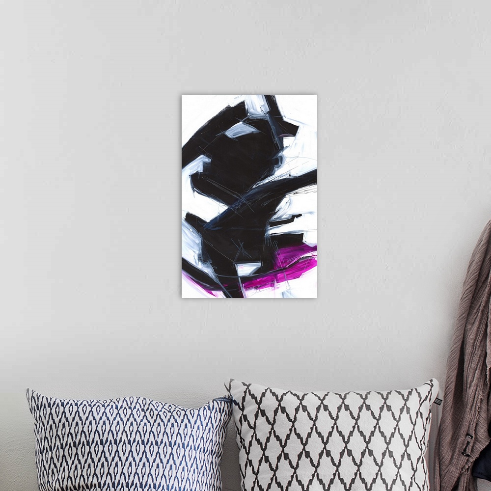 A bohemian room featuring Large abstract painting with bold black markings in the center and a bright addition of magenta a...
