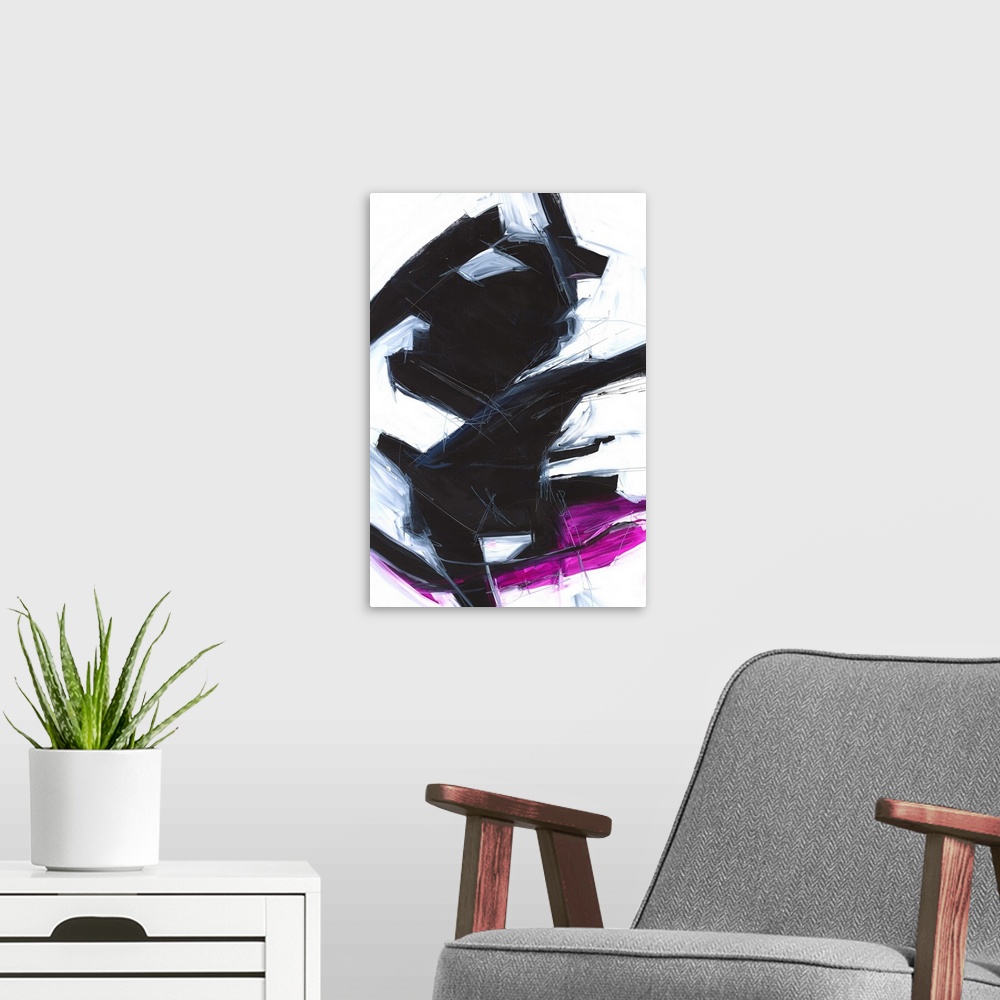 A modern room featuring Large abstract painting with bold black markings in the center and a bright addition of magenta a...