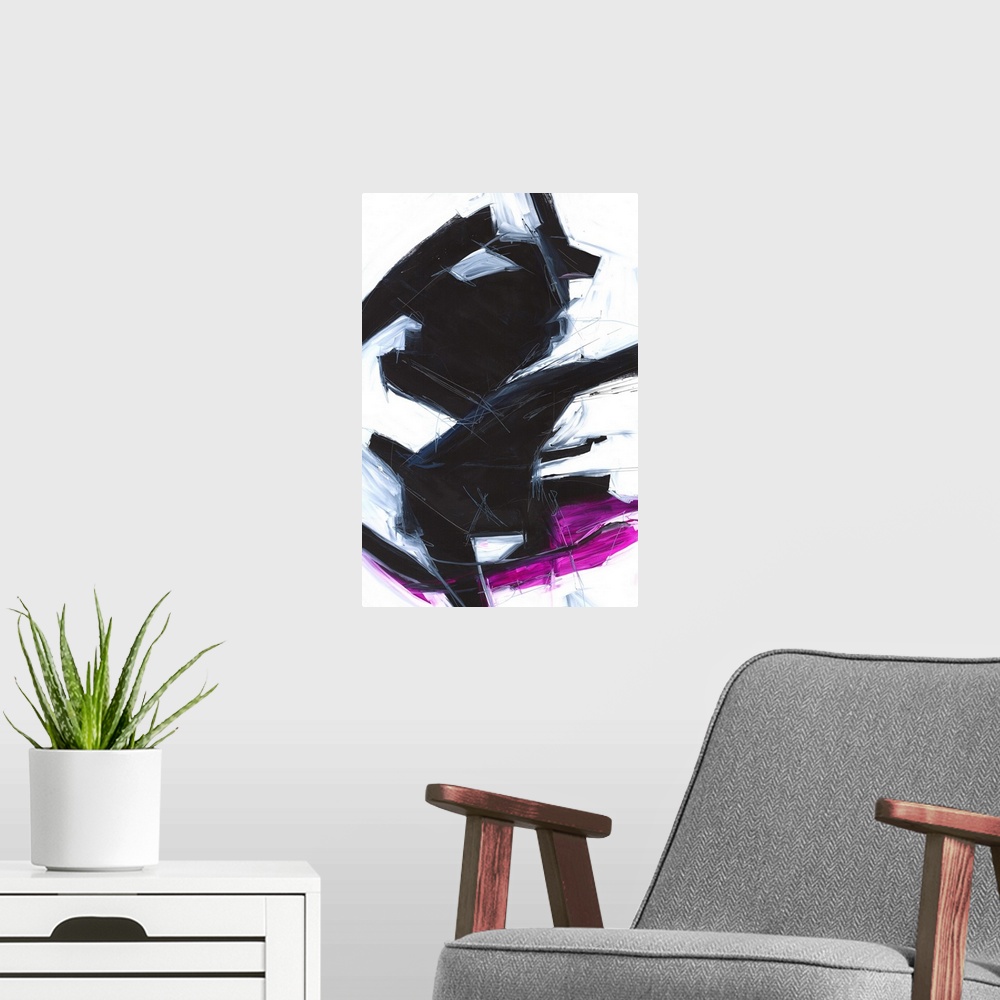A modern room featuring Large abstract painting with bold black markings in the center and a bright addition of magenta a...