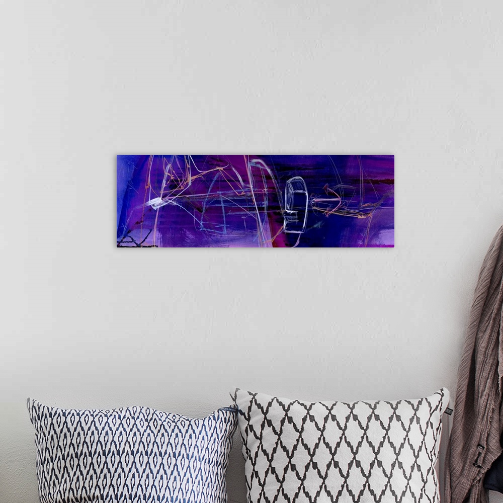 A bohemian room featuring Horizontal contemporary abstract artwork in vivid deep purple shades with white streaks.