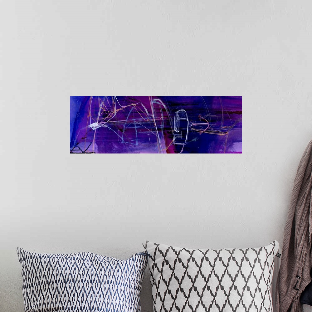 A bohemian room featuring Horizontal contemporary abstract artwork in vivid deep purple shades with white streaks.