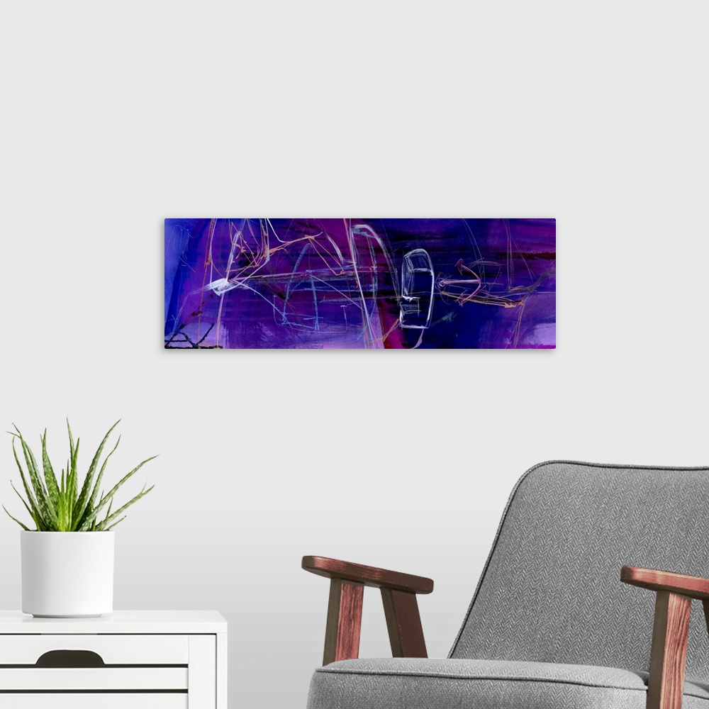 A modern room featuring Horizontal contemporary abstract artwork in vivid deep purple shades with white streaks.