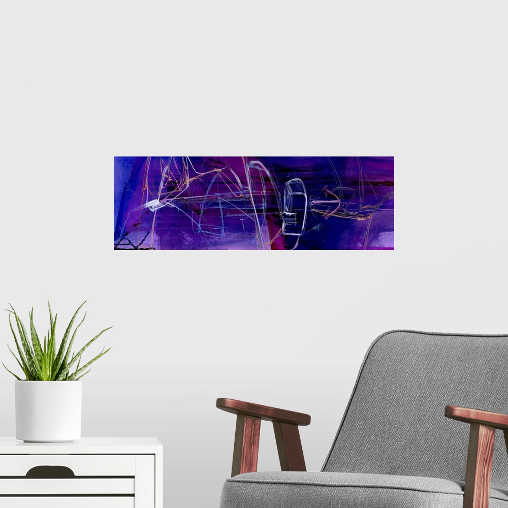 A modern room featuring Horizontal contemporary abstract artwork in vivid deep purple shades with white streaks.
