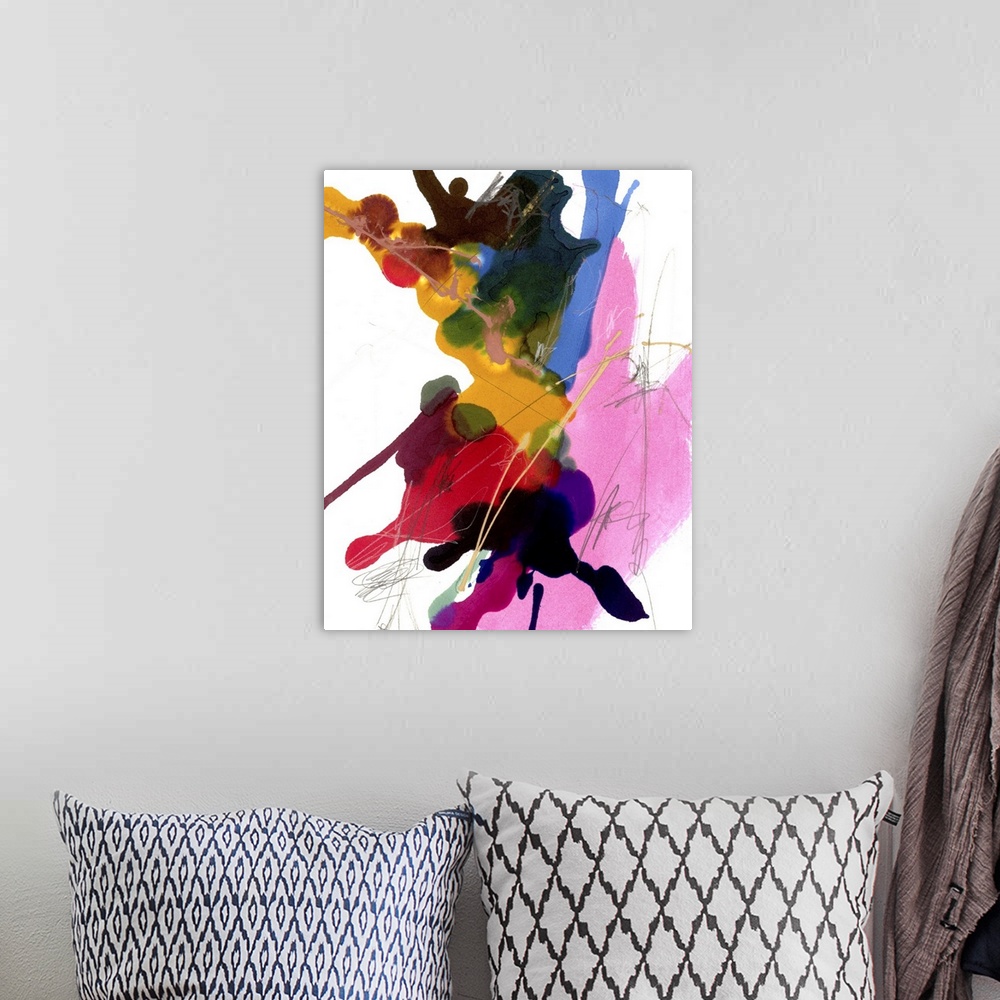 A bohemian room featuring Contemporary abstract painting with a mix of bright pink, red, yellow, and blue, over white with ...