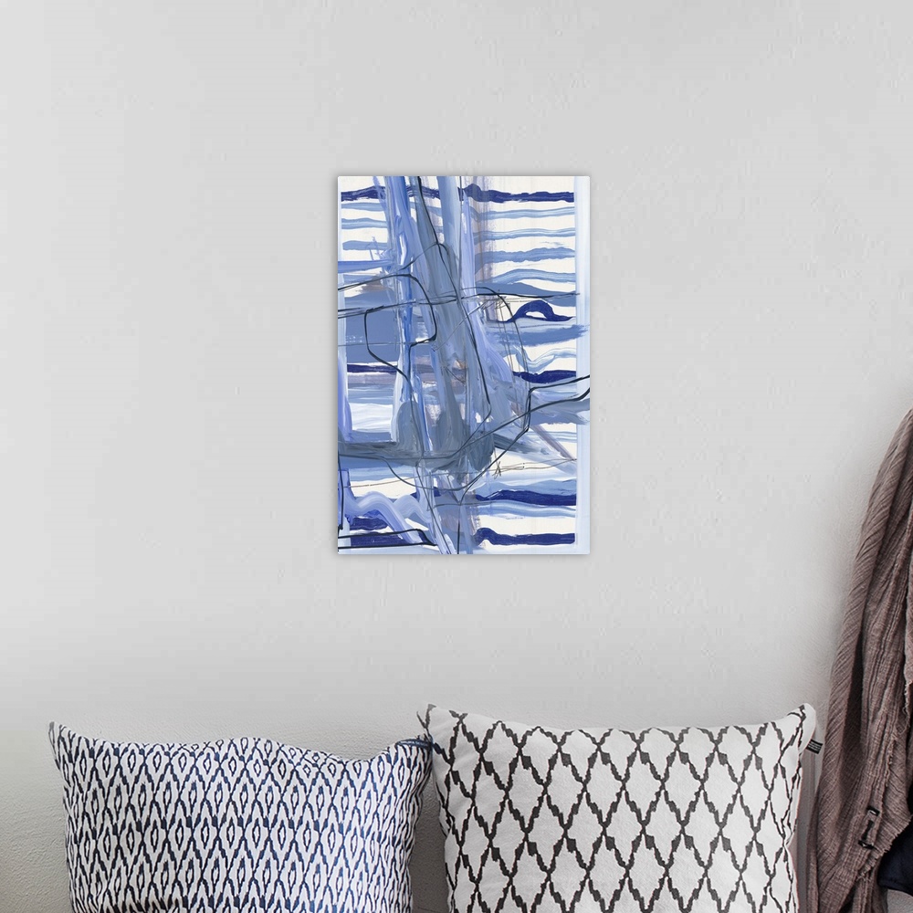 A bohemian room featuring A contemporary abstract painting using blue tones and horizontal striped patterns.